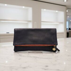 Clare V. Foldover Leather Clutch Navy Made in USA